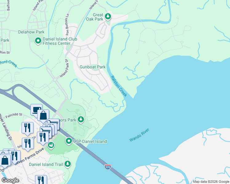 map of restaurants, bars, coffee shops, grocery stores, and more near 416 Ralston Creek Street in Charleston