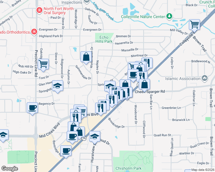 map of restaurants, bars, coffee shops, grocery stores, and more near 512 Quail Cove Court in Hurst