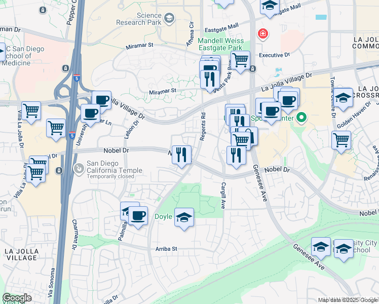 map of restaurants, bars, coffee shops, grocery stores, and more near 4064 Nobel Drive in San Diego
