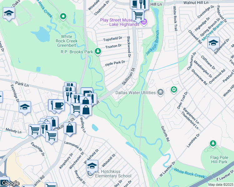 map of restaurants, bars, coffee shops, grocery stores, and more near 6808 Skillman Street in Dallas
