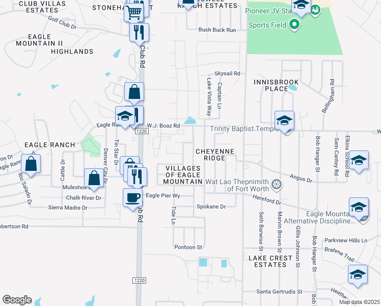 map of restaurants, bars, coffee shops, grocery stores, and more near 7201 Wavecrest Way in Fort Worth