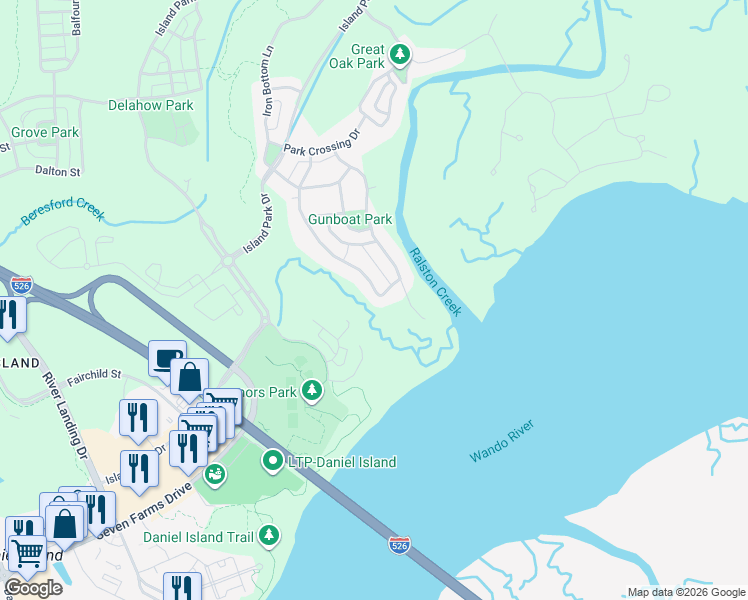 map of restaurants, bars, coffee shops, grocery stores, and more near 225 King George Street in Charleston