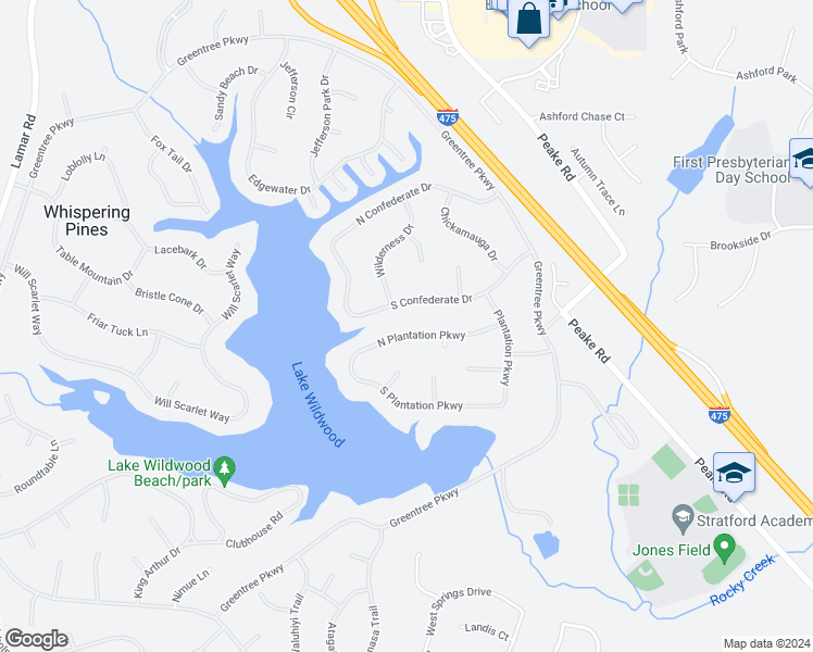 map of restaurants, bars, coffee shops, grocery stores, and more near 1146 North Plantation Parkway in Macon