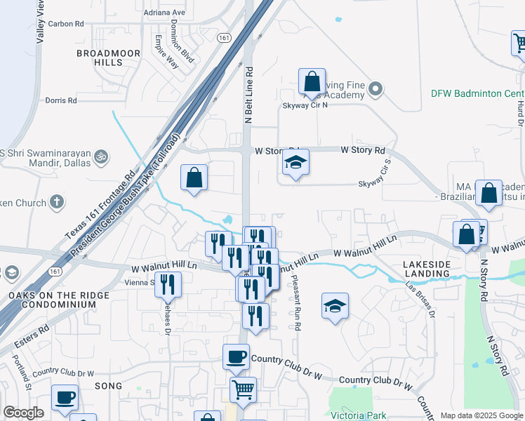 map of restaurants, bars, coffee shops, grocery stores, and more near 4144 North Belt Line Road in Irving