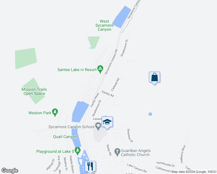map of restaurants, bars, coffee shops, grocery stores, and more near 10421 Strathmore Drive in Santee