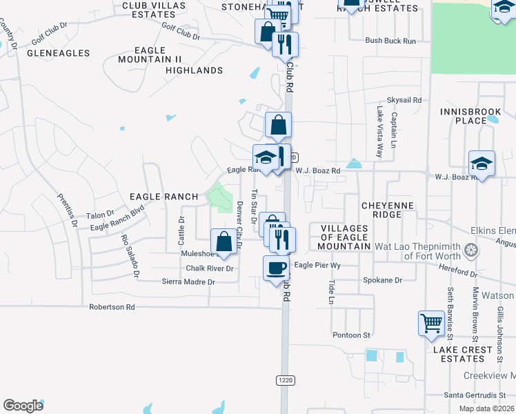 map of restaurants, bars, coffee shops, grocery stores, and more near 7300 Tin Star Drive in Fort Worth