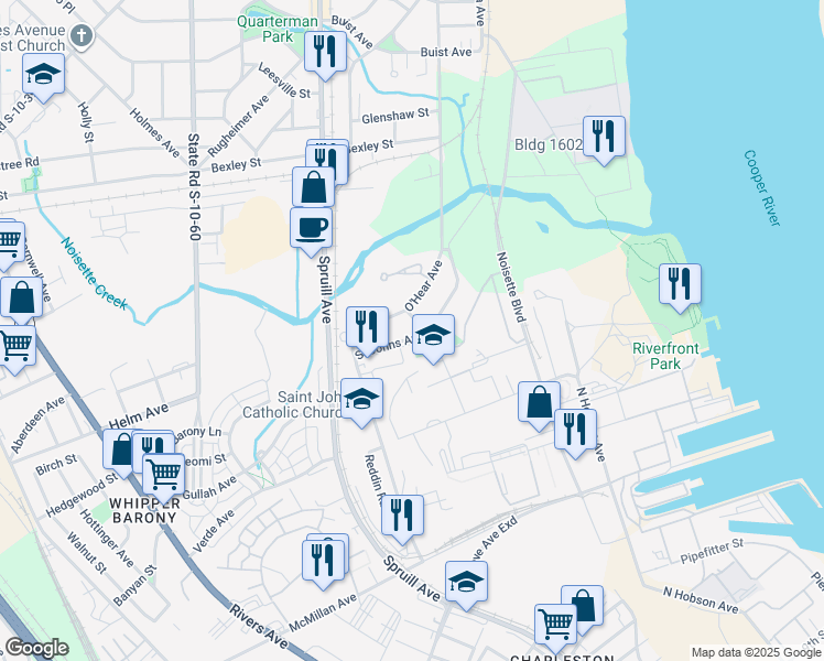 map of restaurants, bars, coffee shops, grocery stores, and more near 4063 Saint Johns Avenue in North Charleston