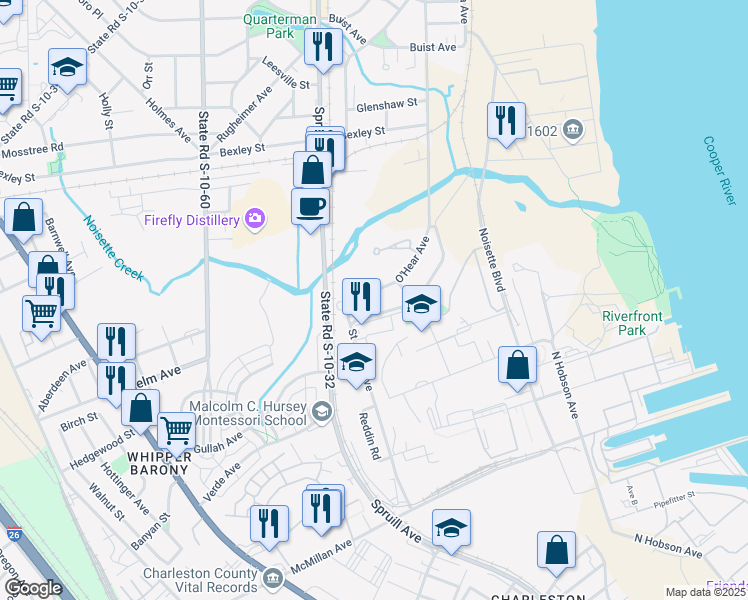 map of restaurants, bars, coffee shops, grocery stores, and more near 4020 O'Hear Avenue in North Charleston