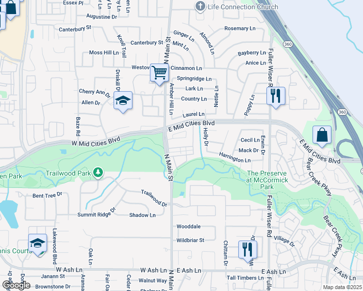 map of restaurants, bars, coffee shops, grocery stores, and more near in Euless