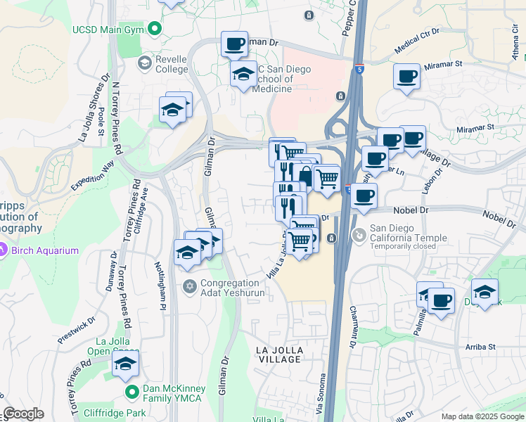 map of restaurants, bars, coffee shops, grocery stores, and more near 3177 Morning Way in San Diego