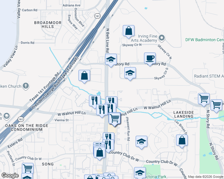 map of restaurants, bars, coffee shops, grocery stores, and more near 4156 North Belt Line Road in Irving