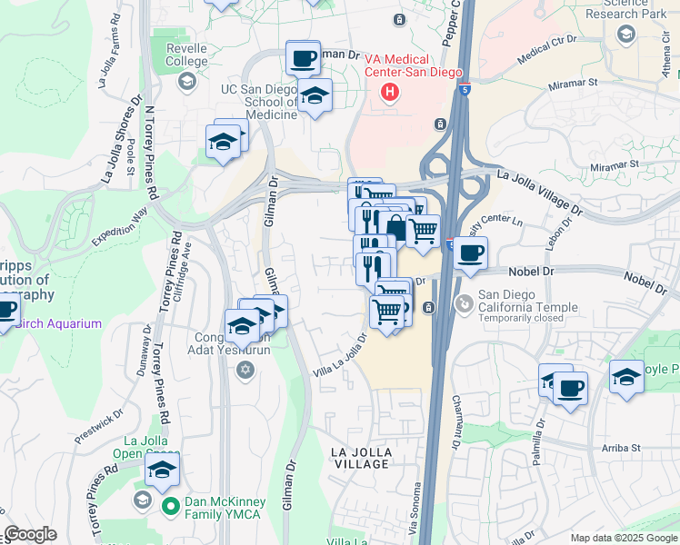 map of restaurants, bars, coffee shops, grocery stores, and more near 3177 Morning Way in San Diego