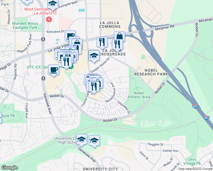 map of restaurants, bars, coffee shops, grocery stores, and more near 5310 Renaissance Avenue in San Diego