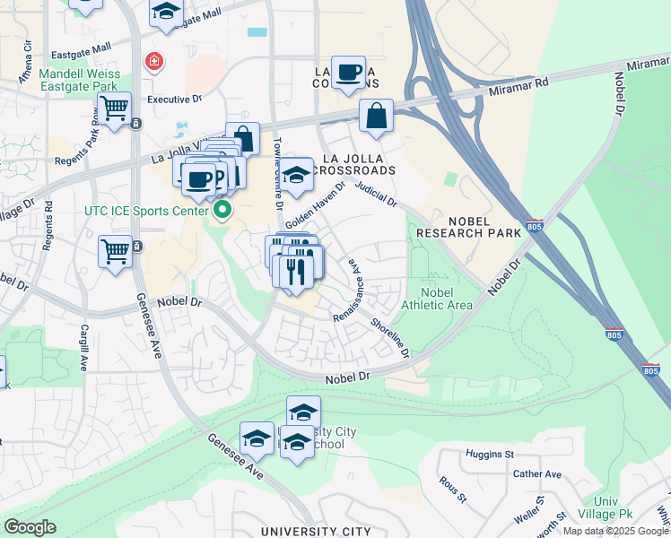 map of restaurants, bars, coffee shops, grocery stores, and more near 5402 Renaissance Avenue in San Diego