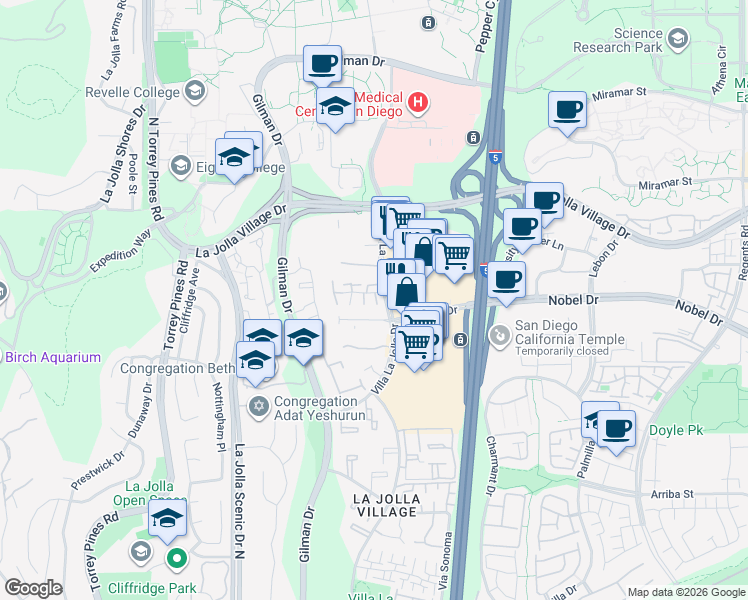 map of restaurants, bars, coffee shops, grocery stores, and more near 3177 Morning Way in La Jolla
