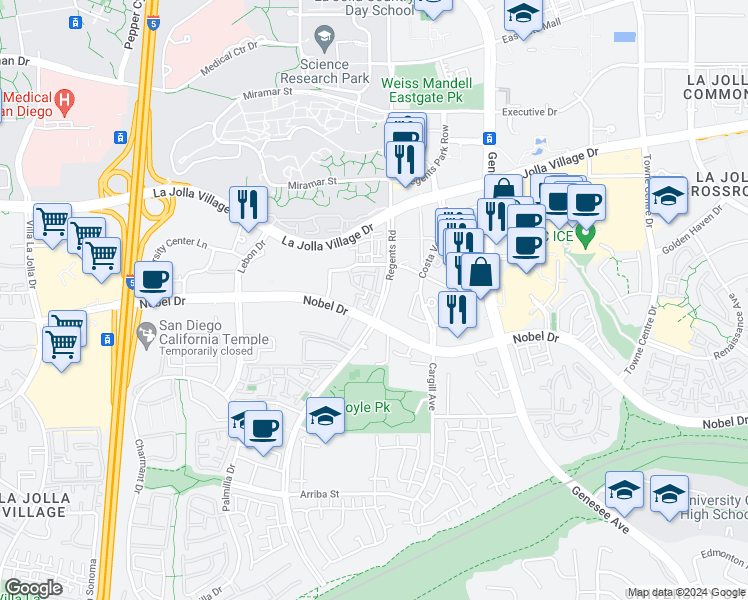 map of restaurants, bars, coffee shops, grocery stores, and more near 4085 Crystal Dawn Lane in San Diego