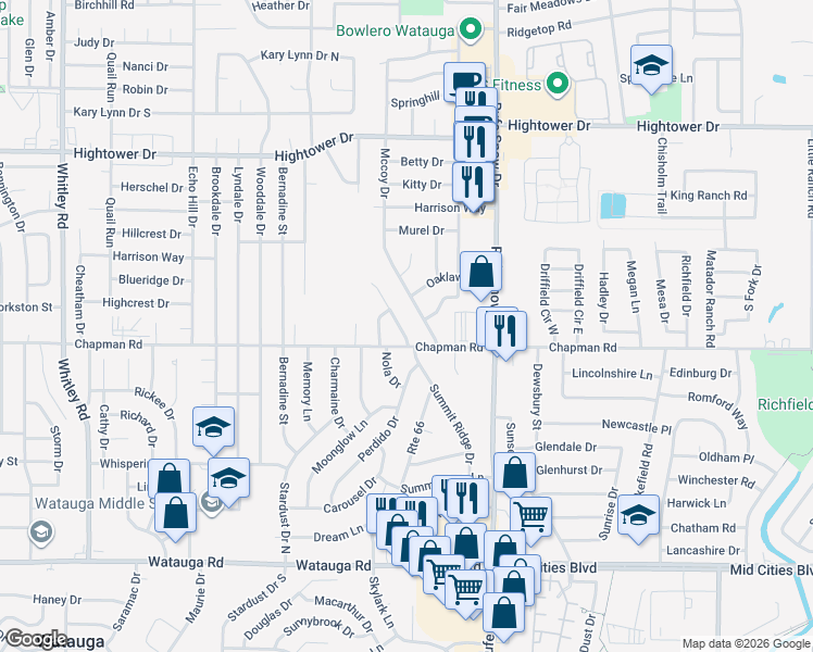 map of restaurants, bars, coffee shops, grocery stores, and more near 6712 Summit Ridge Drive in Watauga