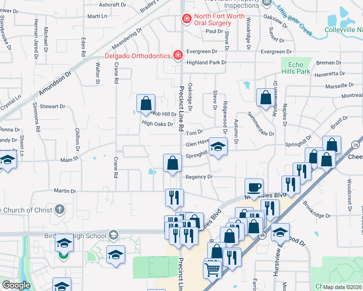 map of restaurants, bars, coffee shops, grocery stores, and more near 9228 Glenhaven Court in North Richland Hills