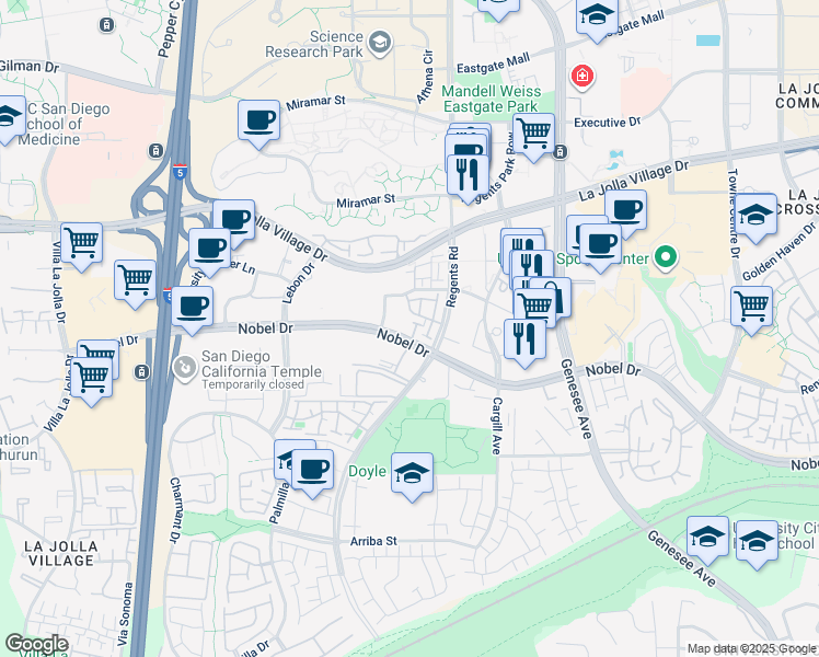 map of restaurants, bars, coffee shops, grocery stores, and more near 194 Nobel Drive in San Diego