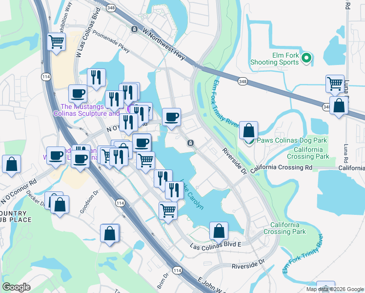 map of restaurants, bars, coffee shops, grocery stores, and more near 907 Lake Carolyn Parkway in Irving