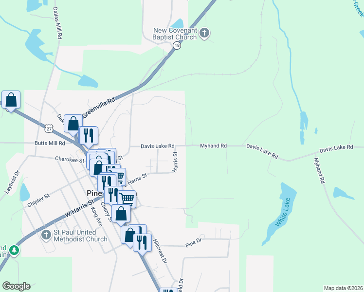 map of restaurants, bars, coffee shops, grocery stores, and more near 484 East Harris Street in Pine Mountain
