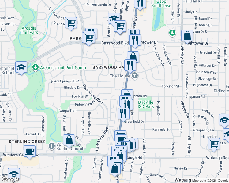 map of restaurants, bars, coffee shops, grocery stores, and more near 7021 Lindentree Lane in Fort Worth