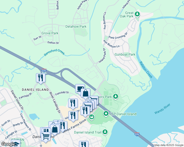 map of restaurants, bars, coffee shops, grocery stores, and more near 515 Robert Daniel Drive in Charleston