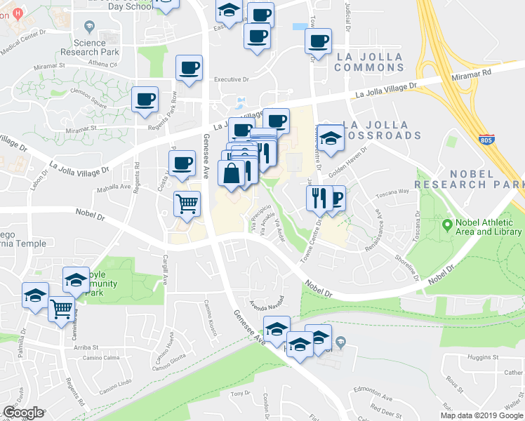map of restaurants, bars, coffee shops, grocery stores, and more near 4452 Via Amable in San Diego