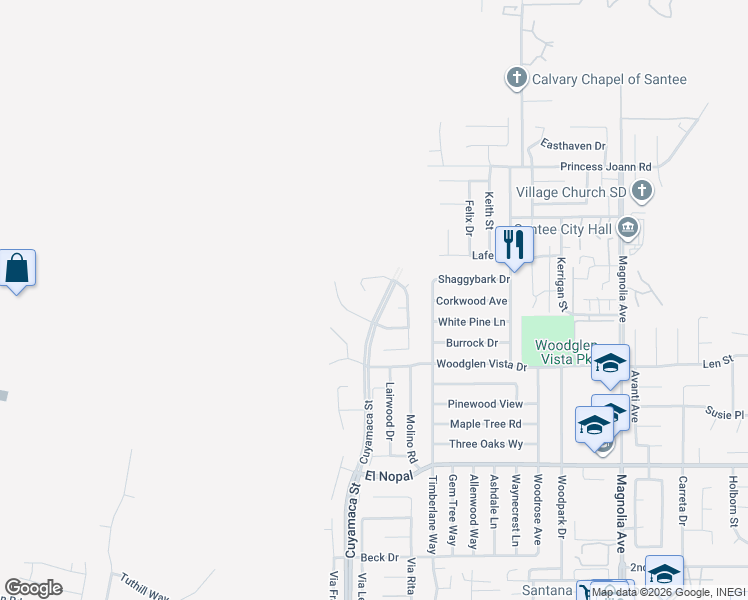 map of restaurants, bars, coffee shops, grocery stores, and more near 10496 Chaparral Drive in Santee