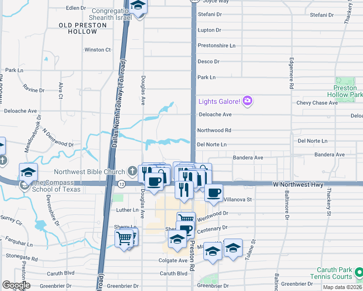 map of restaurants, bars, coffee shops, grocery stores, and more near 8605 Preston Road in Dallas