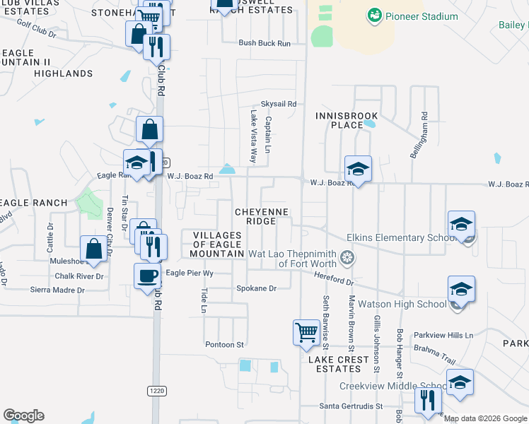 map of restaurants, bars, coffee shops, grocery stores, and more near 7173 Kickapoo Drive in Fort Worth