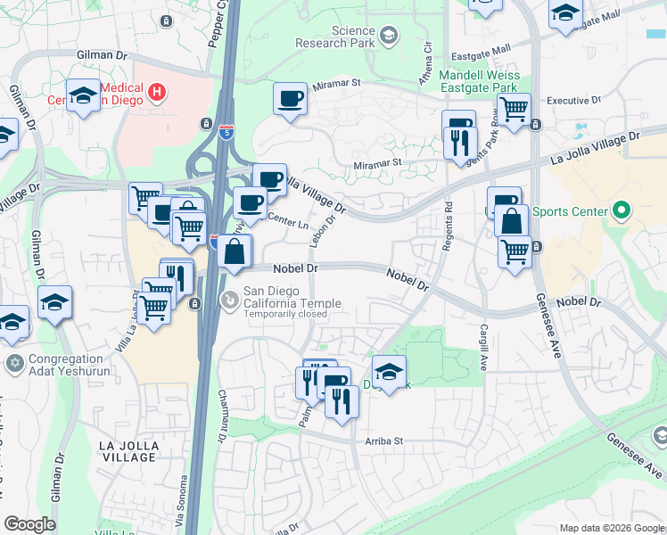 map of restaurants, bars, coffee shops, grocery stores, and more near 3845 Nobel Drive in San Diego