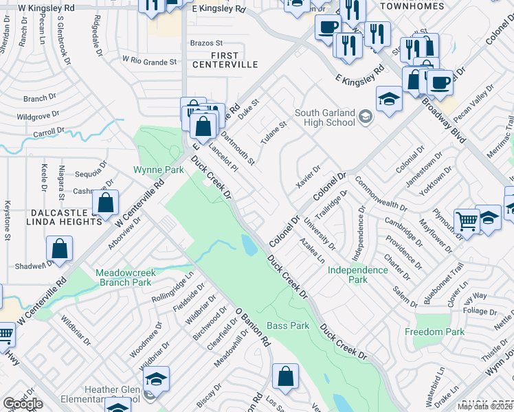 map of restaurants, bars, coffee shops, grocery stores, and more near 3905 Queens Court in Garland