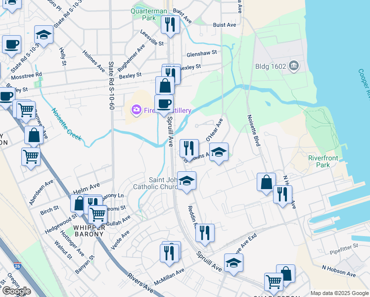 map of restaurants, bars, coffee shops, grocery stores, and more near 4020 O'Hear Avenue in North Charleston