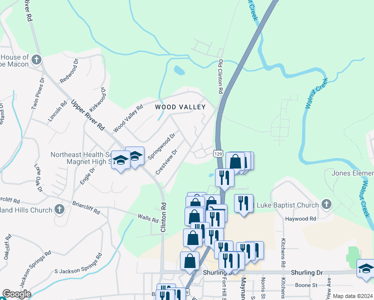 map of restaurants, bars, coffee shops, grocery stores, and more near 1886 Clinton Road in Macon