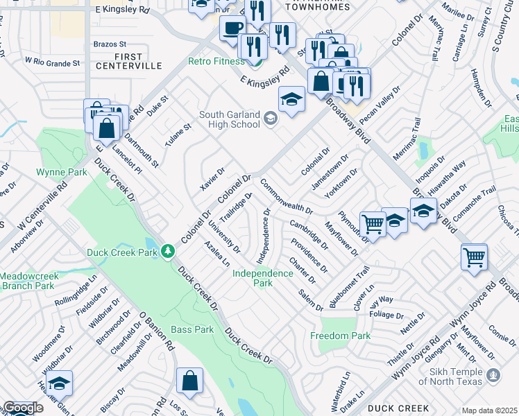 map of restaurants, bars, coffee shops, grocery stores, and more near 305 Springbranch Drive in Garland