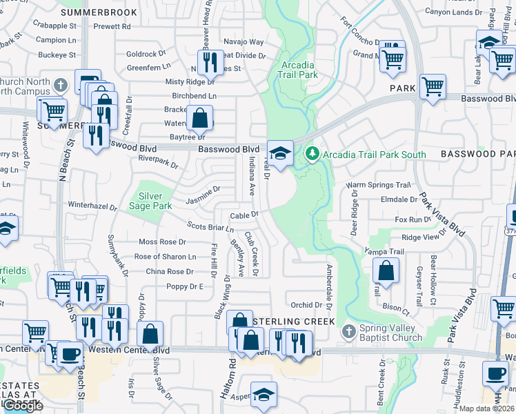 map of restaurants, bars, coffee shops, grocery stores, and more near 7204 Indiana Avenue in Fort Worth
