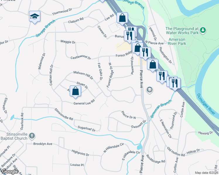 map of restaurants, bars, coffee shops, grocery stores, and more near 2891 Northwoods Drive South in Macon