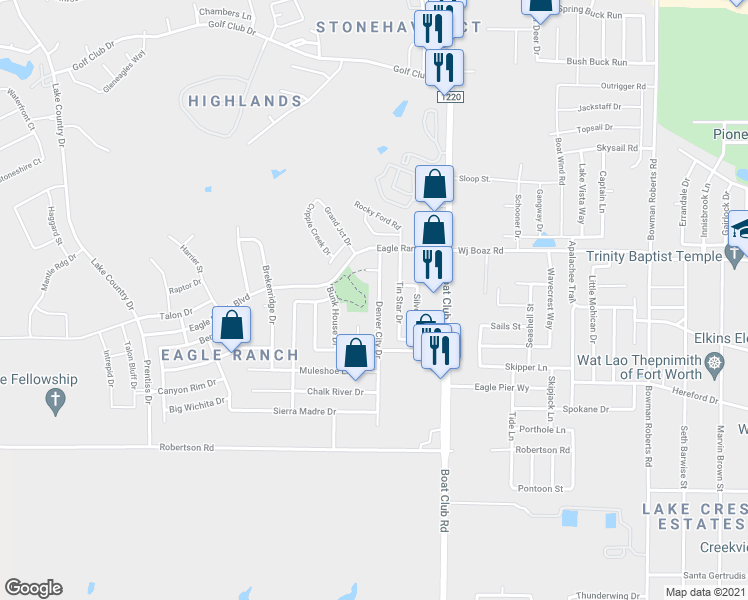 map of restaurants, bars, coffee shops, grocery stores, and more near 7205 Denver City Drive in Fort Worth