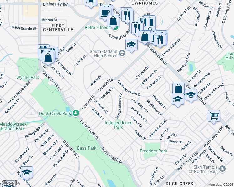 map of restaurants, bars, coffee shops, grocery stores, and more near 305 Springbranch Drive in Garland
