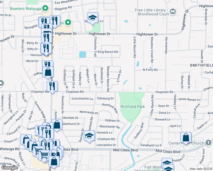 map of restaurants, bars, coffee shops, grocery stores, and more near 6704 Richfield Drive in Fort Worth