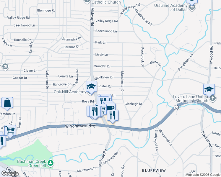 map of restaurants, bars, coffee shops, grocery stores, and more near 4317 Manning Lane in Dallas