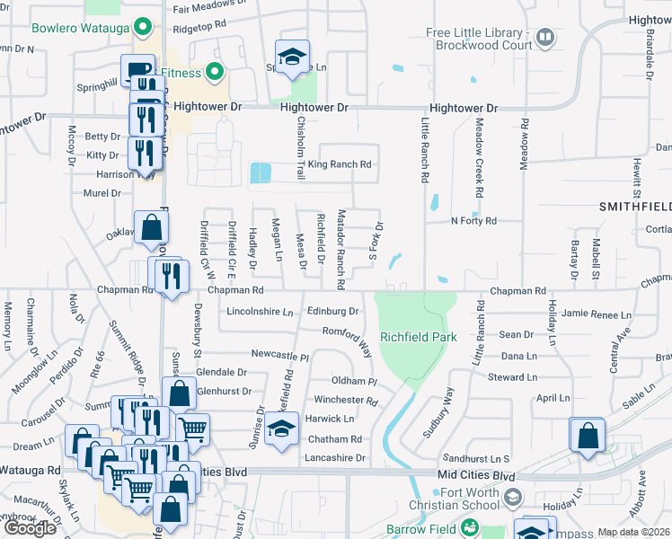 map of restaurants, bars, coffee shops, grocery stores, and more near 6704 Richfield Drive in Fort Worth