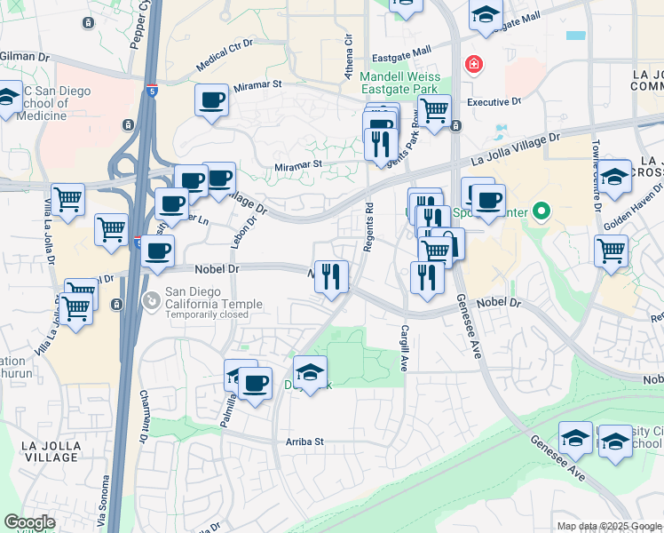 map of restaurants, bars, coffee shops, grocery stores, and more near 4018 Nobel Drive in San Diego