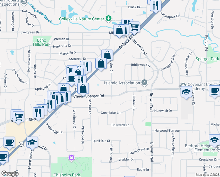map of restaurants, bars, coffee shops, grocery stores, and more near 3913 Felps Drive in Colleyville