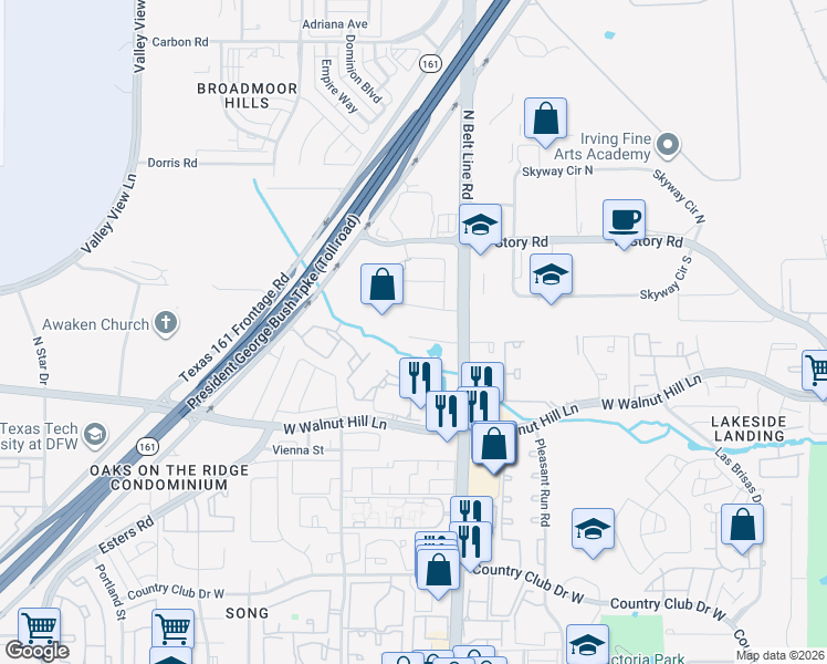 map of restaurants, bars, coffee shops, grocery stores, and more near 4156-4198 North Belt Line Road in Irving