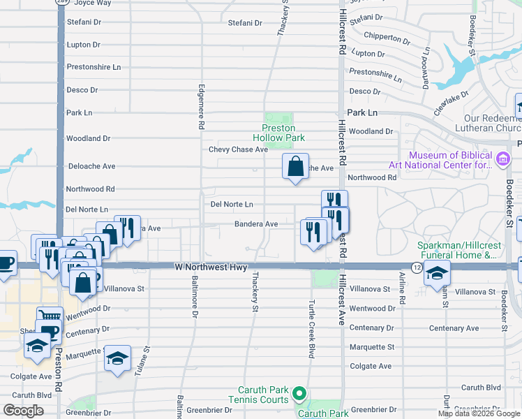 map of restaurants, bars, coffee shops, grocery stores, and more near 6535 Bandera Avenue in Dallas
