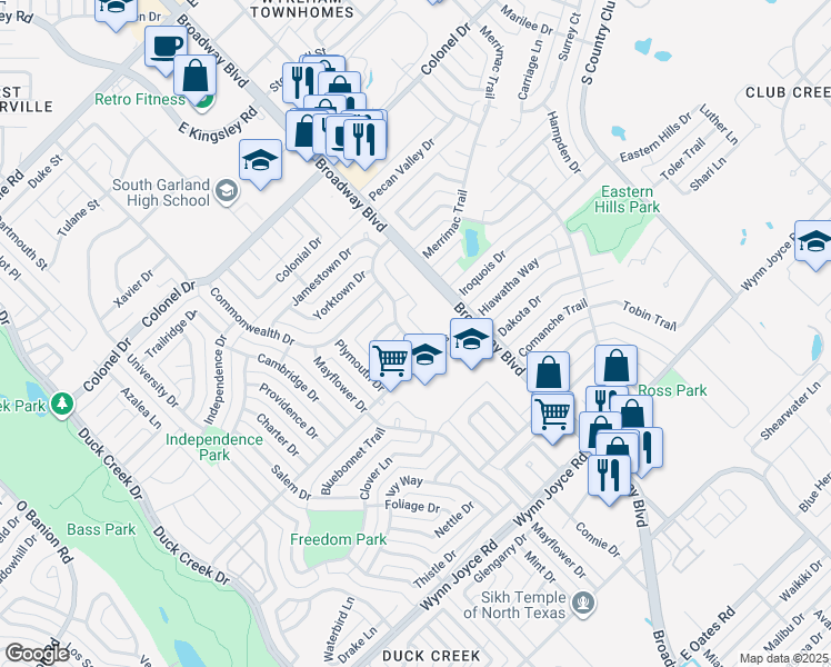 map of restaurants, bars, coffee shops, grocery stores, and more near 3826 Williamsburg Drive in Garland
