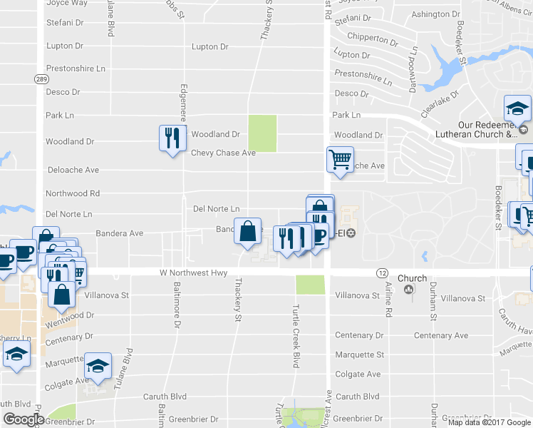 map of restaurants, bars, coffee shops, grocery stores, and more near 6624 Del Norte Lane in Dallas
