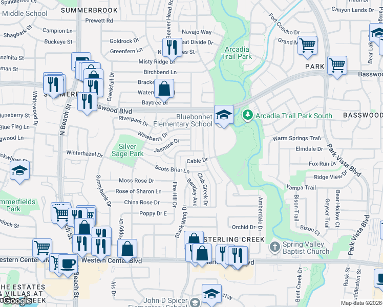 map of restaurants, bars, coffee shops, grocery stores, and more near 7113 Bentley Avenue in Fort Worth